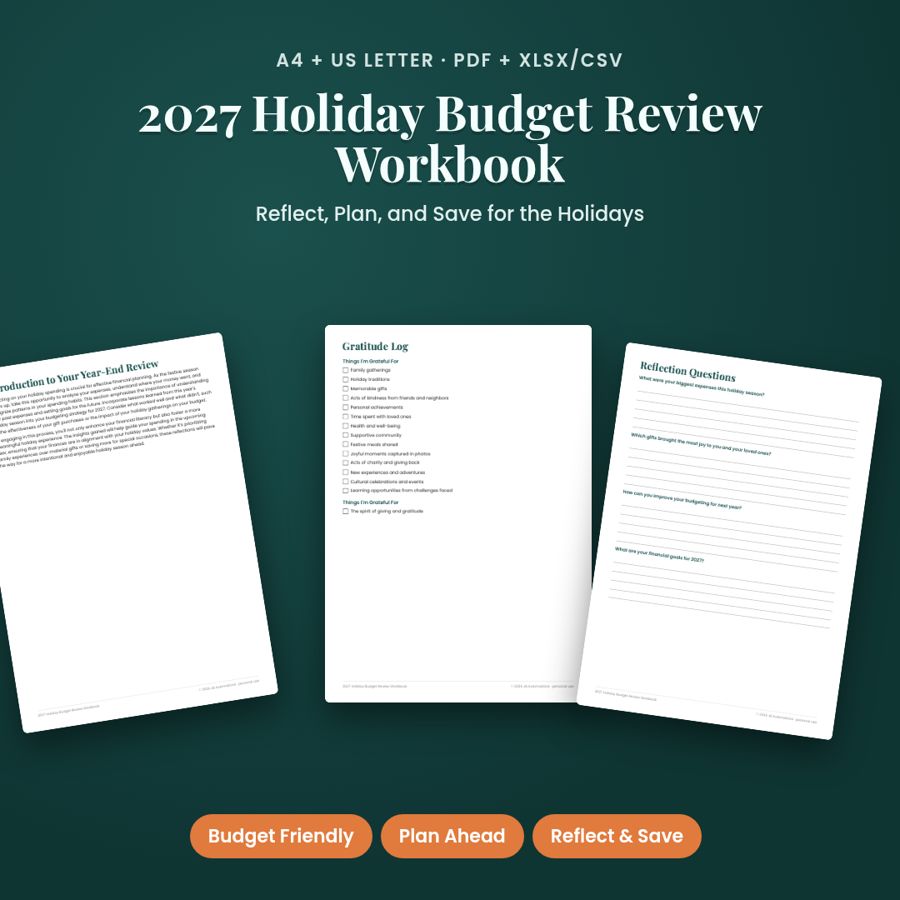 2027 Holiday Budget Review Workbook | Printable PDF + Excel Template