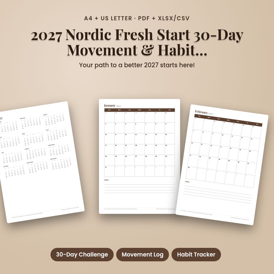 2027 Nordic Fresh Start 30-Day Movement & Habit Log Calendar