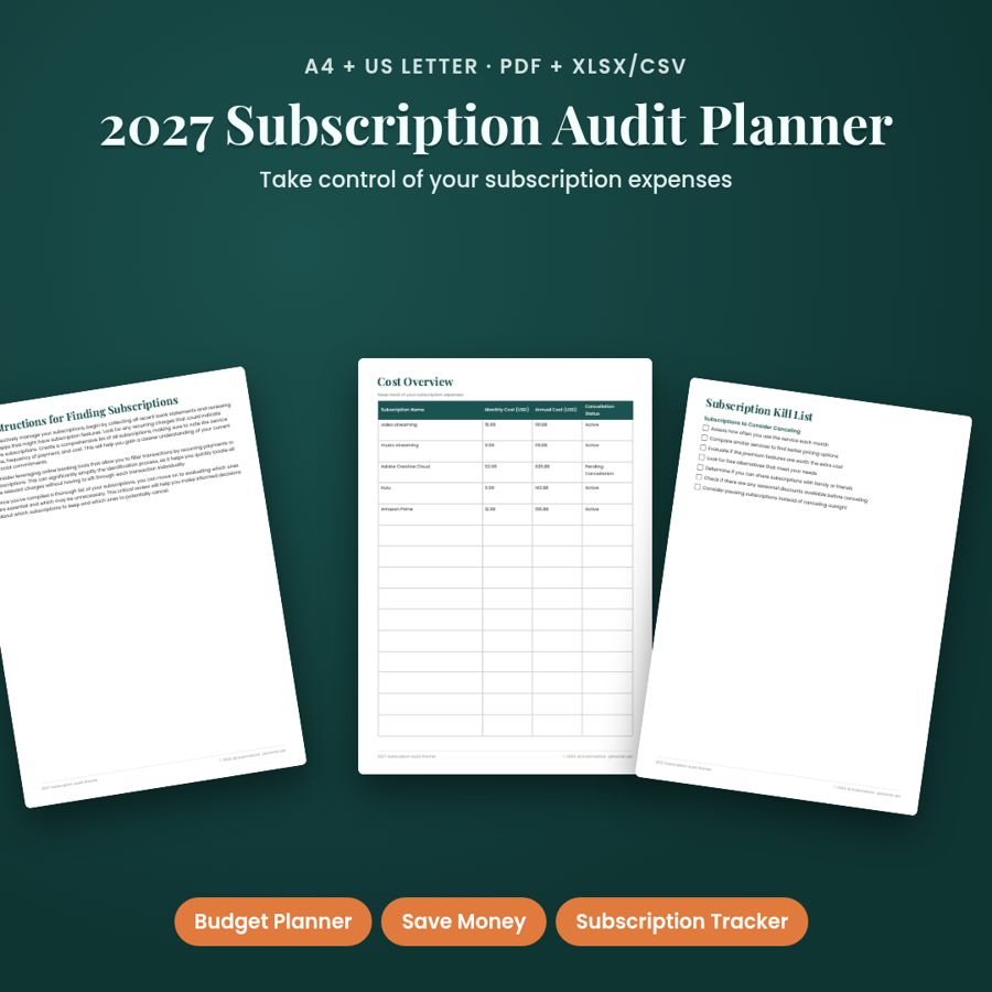 2027 Subscription Audit Planner | Printable PDF + Excel Template