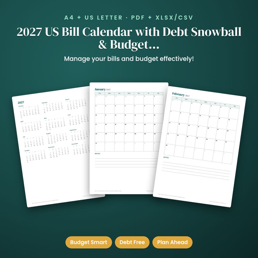 2027 US Bill Calendar with Debt Snowball & Budget Sheets | PDF + Excel