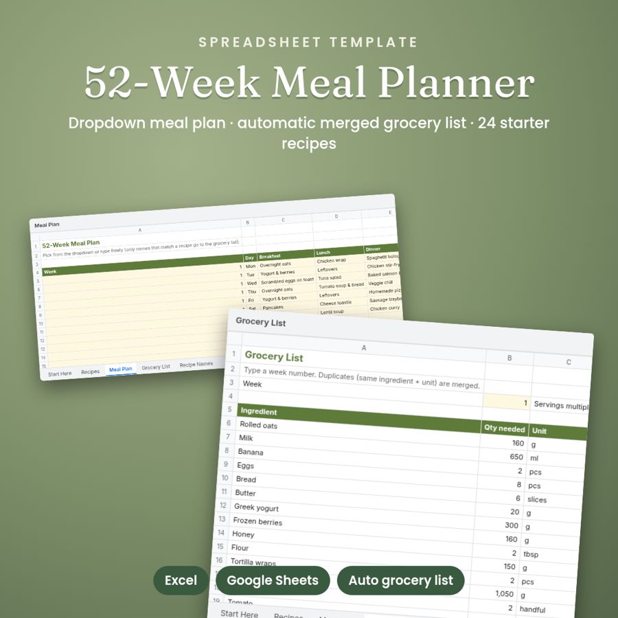 52-Week Meal Planner Spreadsheet | Auto Grocery List + Recipes