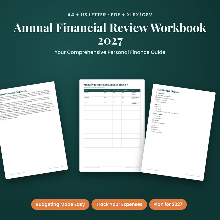 Annual Financial Review Workbook 2027 | Printable PDF + Excel Template