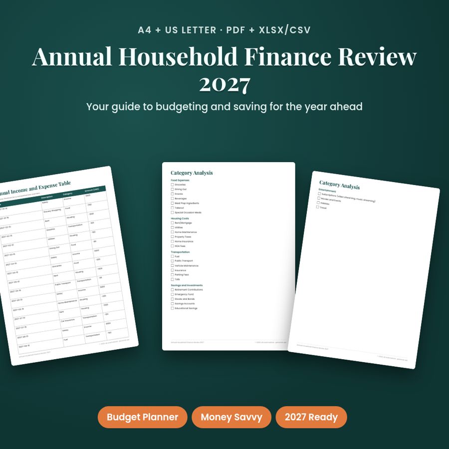 Annual Household Finance Review 2027 | Printable PDF + Excel Template