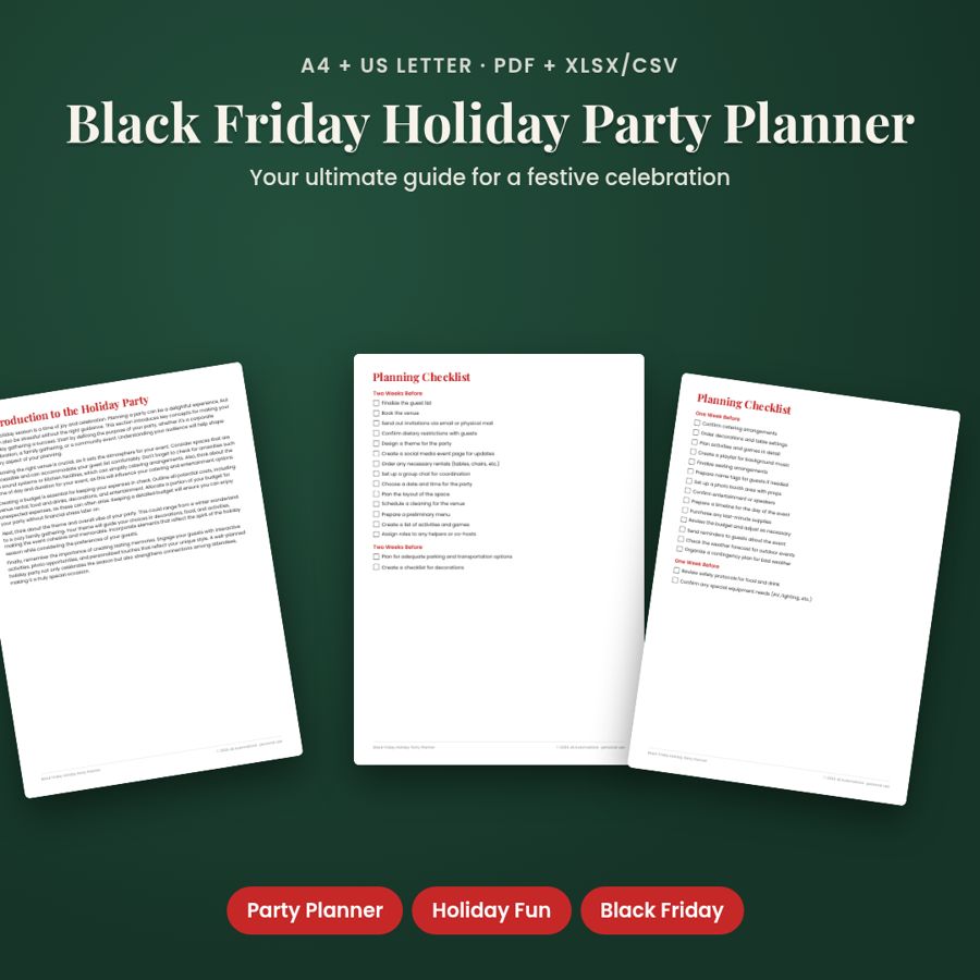 Black Friday Holiday Party Planner | Printable PDF + Excel Template