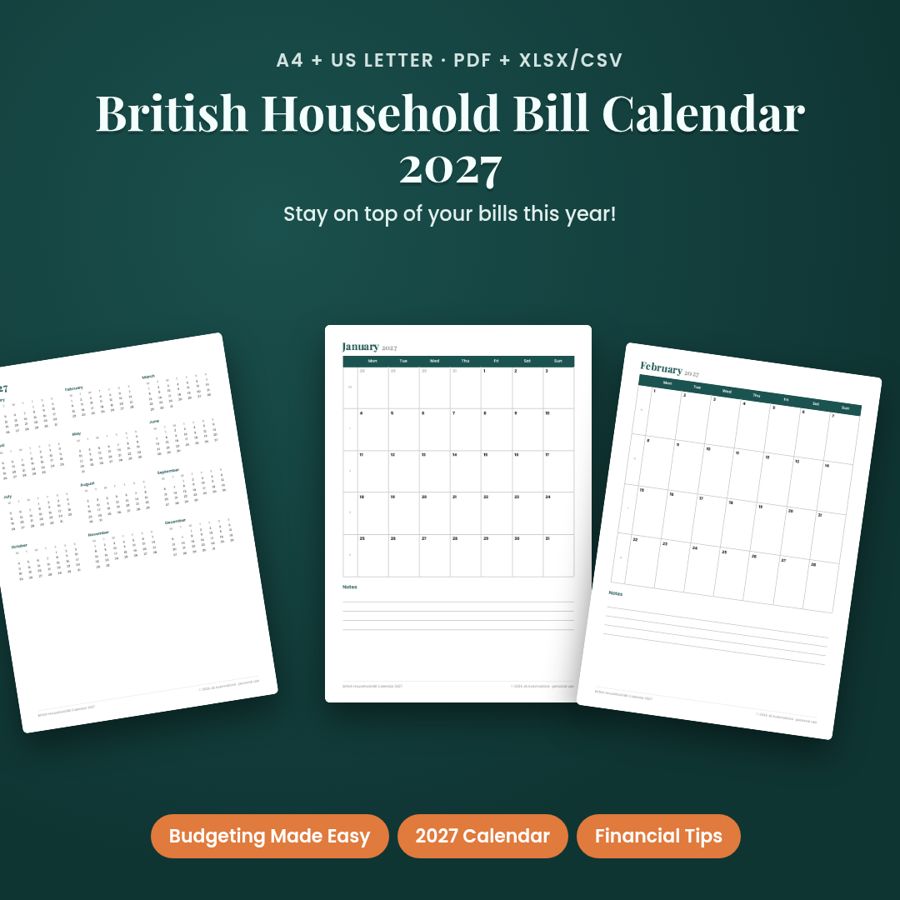 British Household Bill Calendar 2027 | Printable PDF + Excel Template