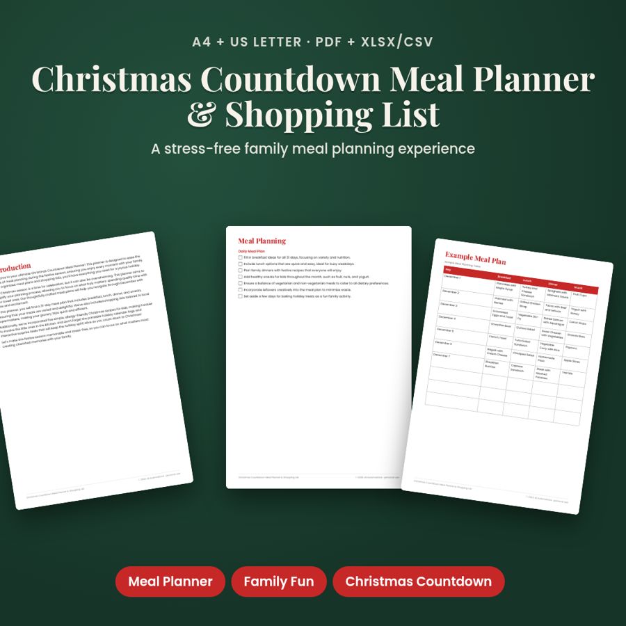 Christmas Countdown Meal Planner & Shopping List | PDF + Excel