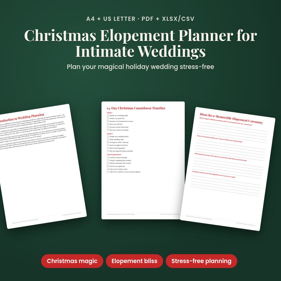 Christmas Elopement Planner for Intimate Weddings | PDF + Excel