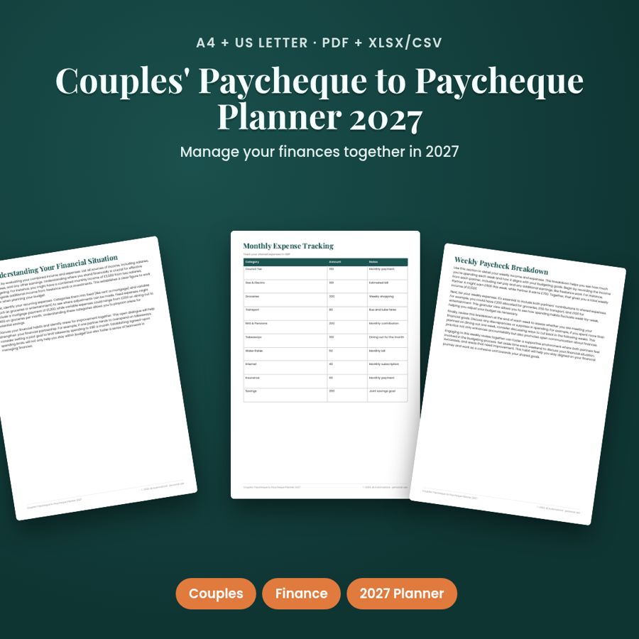 Couples' Paycheque to Paycheque Planner 2027 | PDF + Excel Spreadsheet