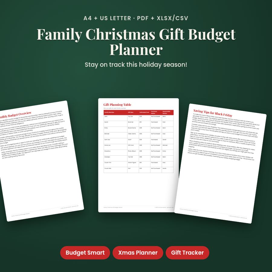 Family Christmas Gift Budget Planner | Gift List PDF + Excel