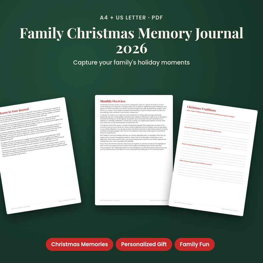 Family Christmas Memory Journal 2026 | Printable PDF, A4 + US Letter