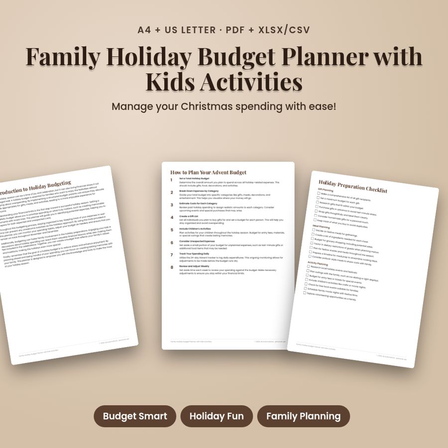 Family Holiday Budget Planner 2027 | Printable PDF + Excel Templates