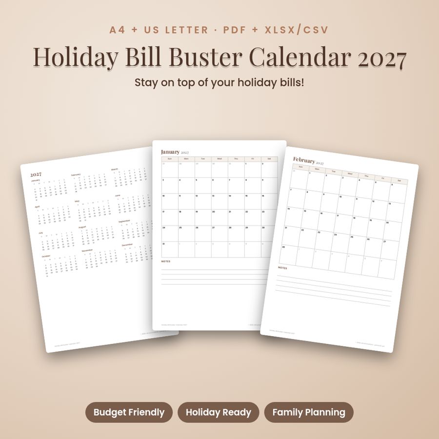 Holiday Bill Buster Calendar 2027 | Printable PDF + Excel Template