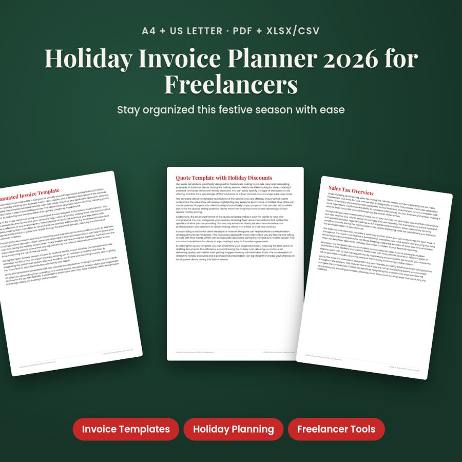 Holiday Invoice Planner 2026 for Freelancers | PDF + Excel Spreadsheet