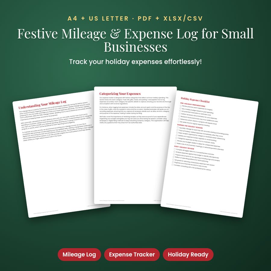 Holiday Mileage & Expense Log for Small Business | PDF + Excel