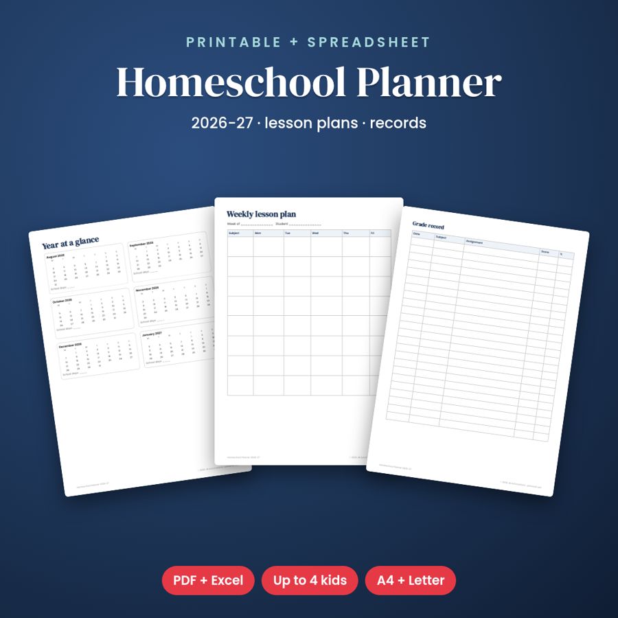 Homeschool Planner 2026-27 | Lesson Plans, Attendance & Grades
