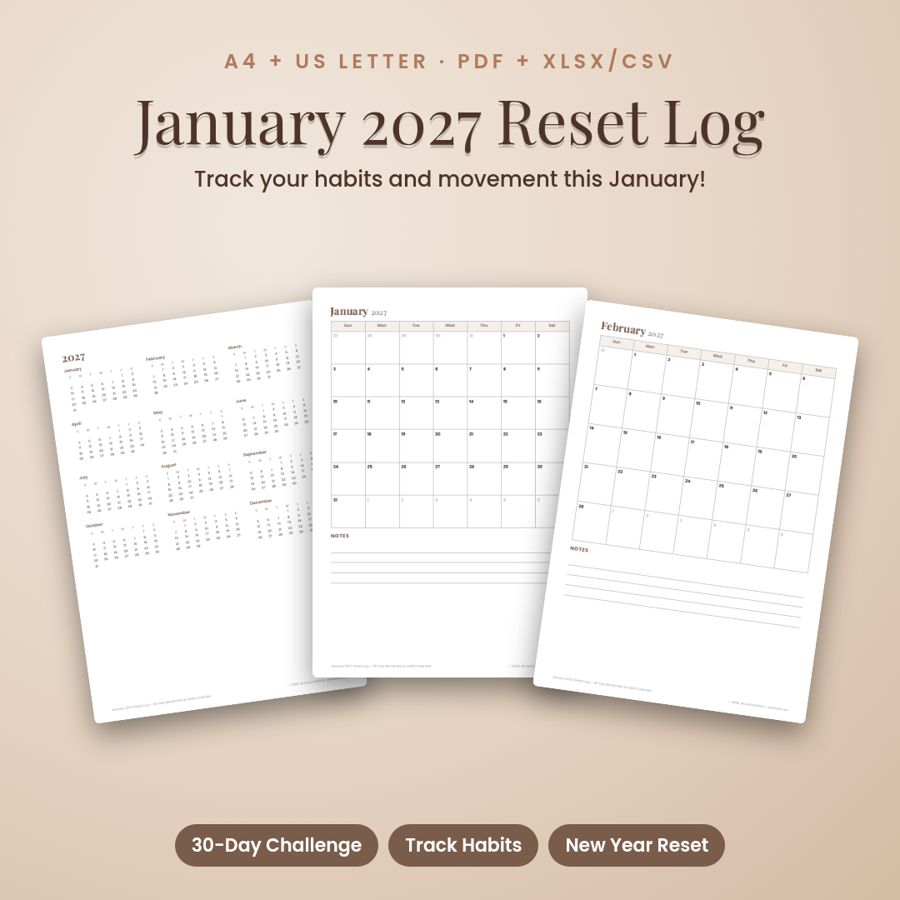 January 2027 Reset Habit Calendar | 30-Day Movement Tracker