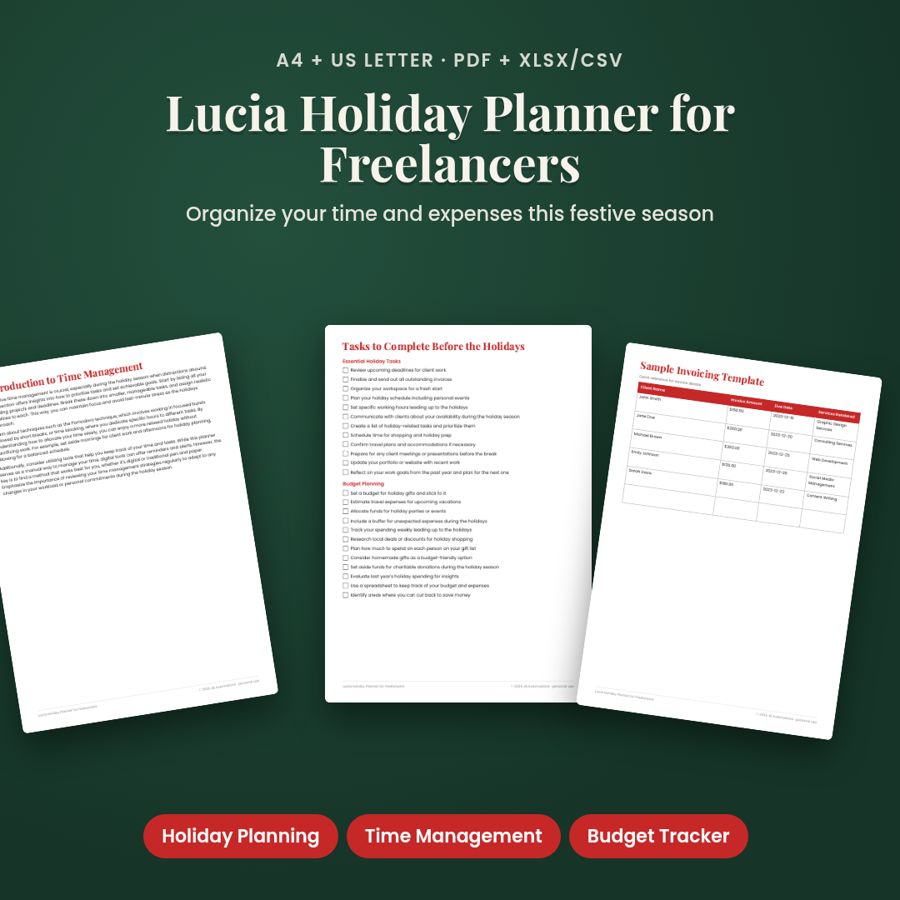 Lucia Holiday Planner for Freelancers | Printable PDF + Excel Template