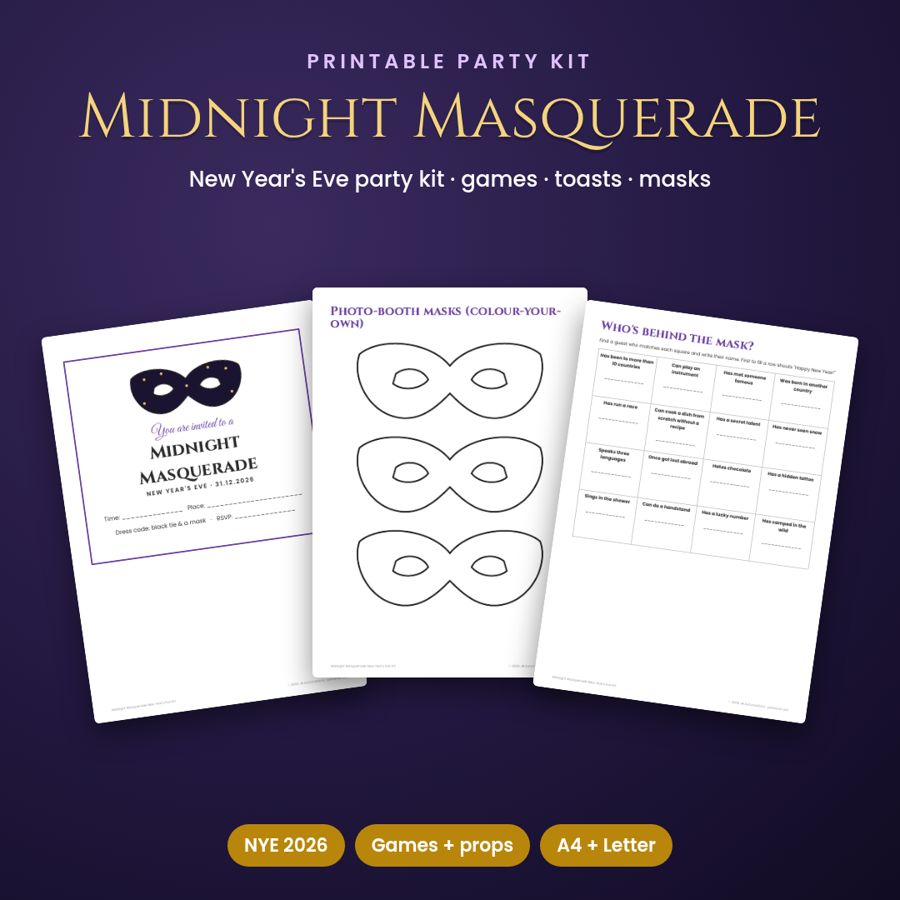 New Year's Eve Party Kit | Masquerade Invitation, Games & Props