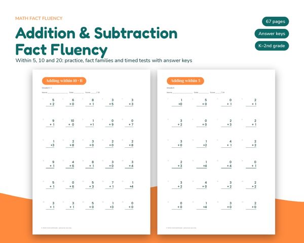 Addition & Subtraction Fact Fluency – Within 5, 10 and 20: practice, fact families and timed tests with answer keys