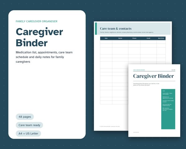Caregiver Binder – Medication list, appointments, care team schedule and daily notes for family caregivers