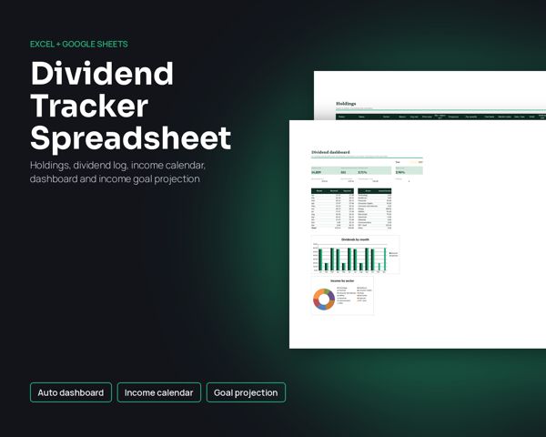 Dividend Tracker Spreadsheet – Holdings, dividend log, income calendar, dashboard and income goal projection