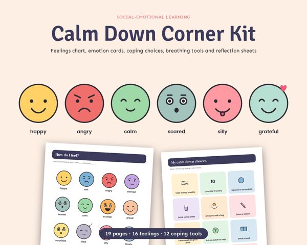 Calm Down Corner Kit – Feelings chart, emotion cards, coping choices, breathing tools and reflection sheets