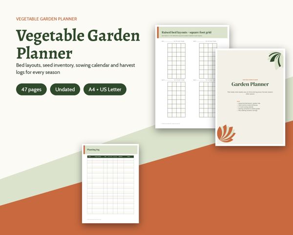 Vegetable Garden Planner – Bed layouts, seed inventory, sowing calendar and harvest logs for every season