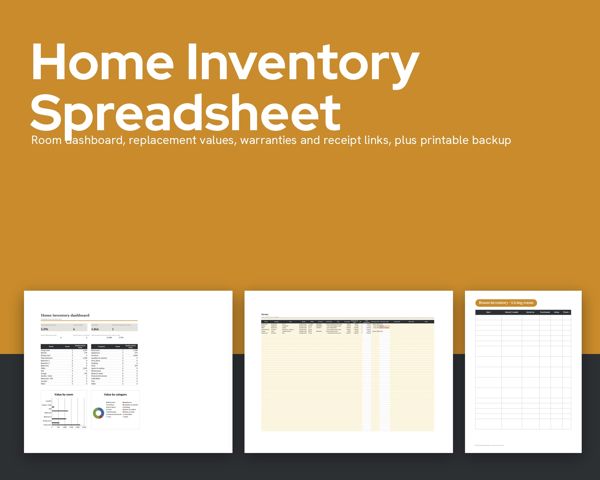 Home Inventory Spreadsheet – Room dashboard, replacement values, warranties and receipt links, plus printable backup