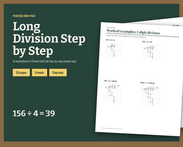Long Division Step by Step – 24 worksheets in 6 levels with full step-by-step answer keys