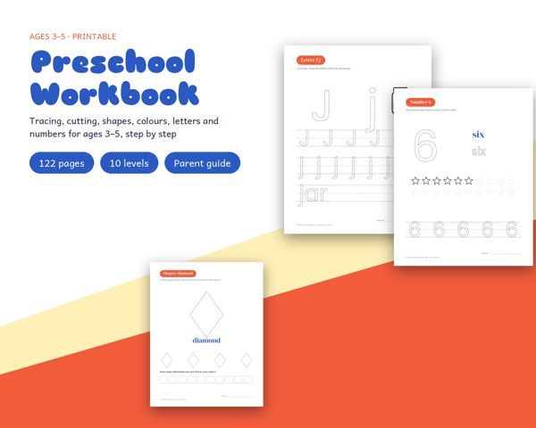 Preschool Workbook – Tracing, cutting, shapes, colours, letters and numbers for ages 3–5, step by step