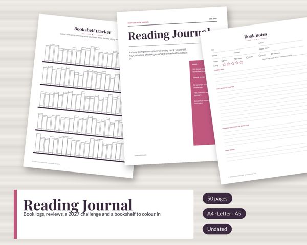 Reading Journal – Book logs, reviews, a 2027 challenge and a bookshelf to colour in