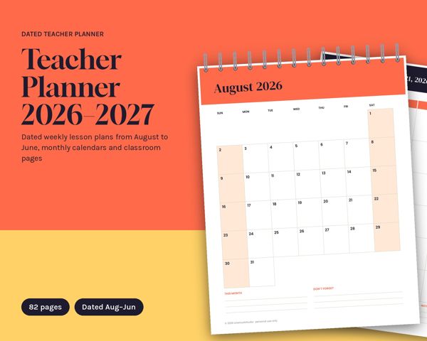 Teacher Planner 2026–2027 – Dated weekly lesson plans from August to June, monthly calendars and classroom pages