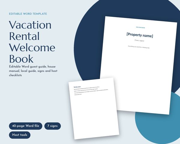 Vacation Rental Welcome Book – Editable Word guest guide, house manual, local guide, signs and host checklists