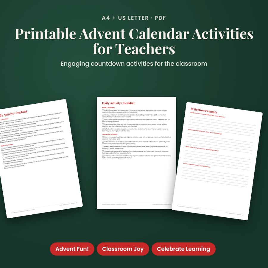Printable Advent Calendar Activities for Teachers | Printable PDF