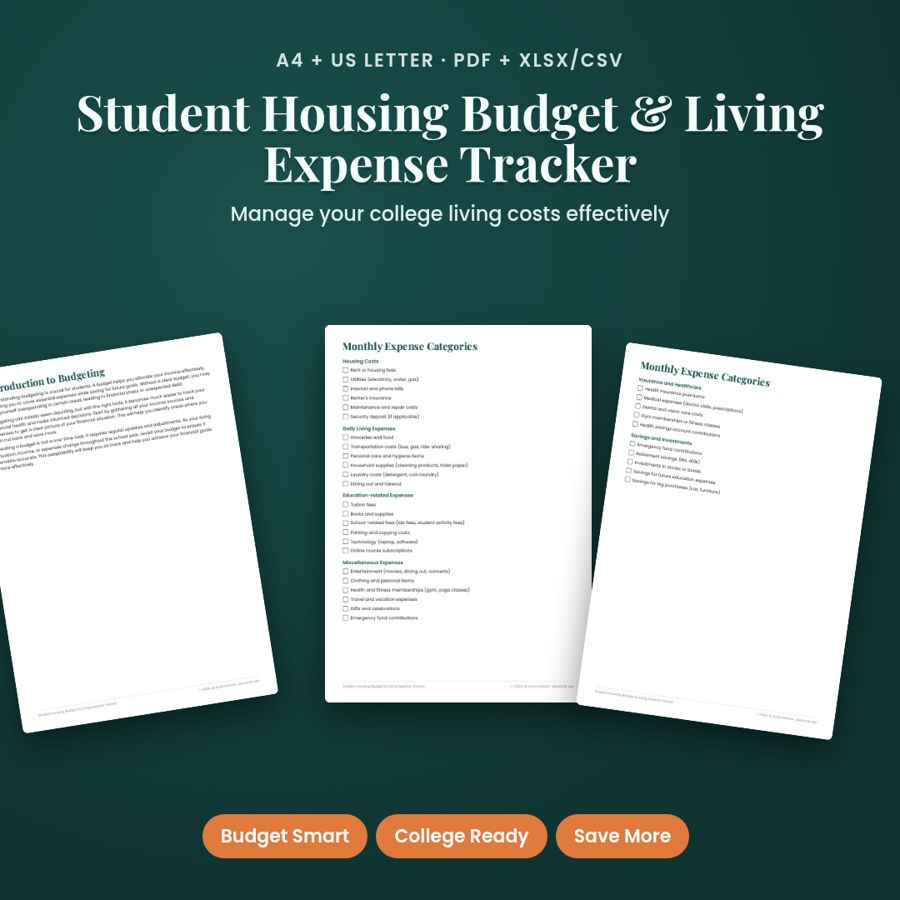 Student Housing Budget & Living Expense Tracker | PDF + Excel