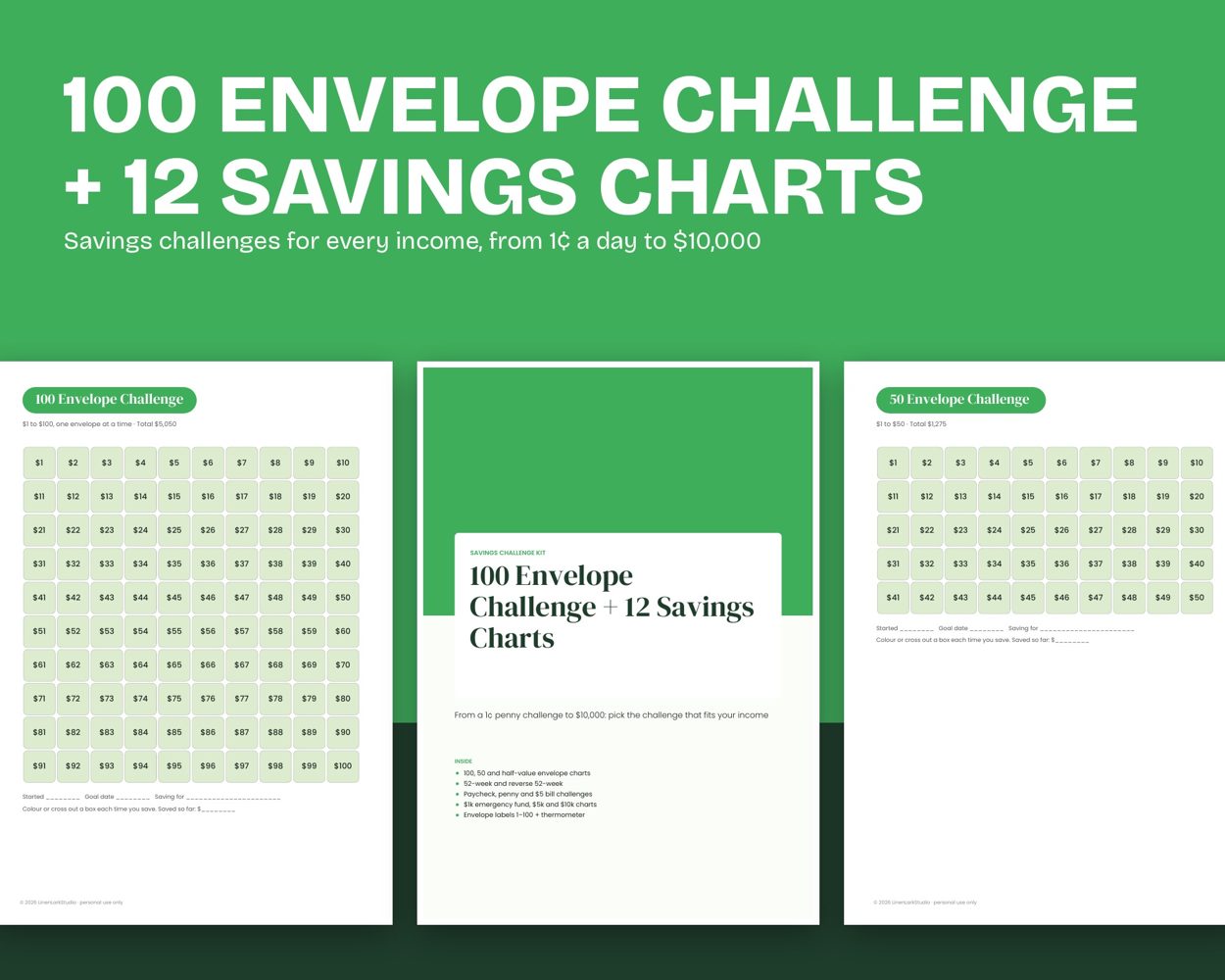 100 Envelope Challenge + 12 Savings Charts – cover