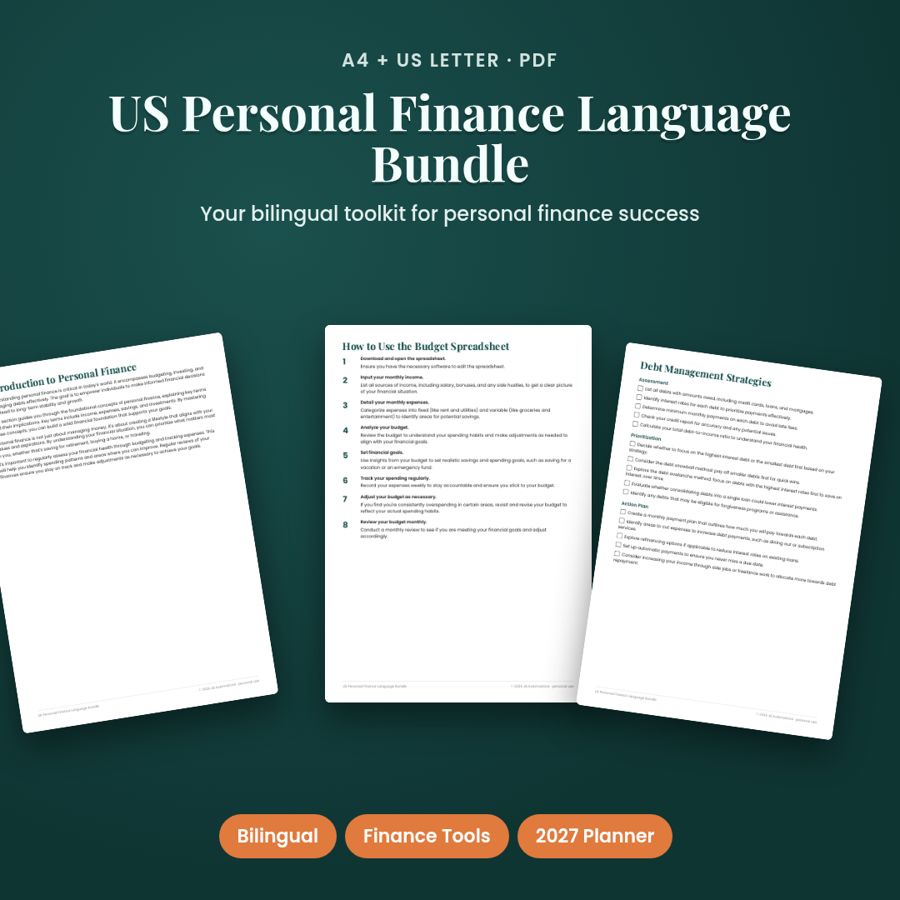 US Personal Finance Language Bundle | Printable PDF, A4 + US Letter
