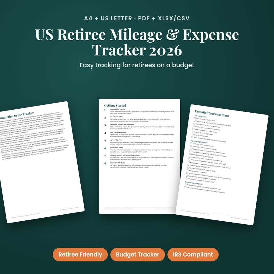 US Retiree Mileage & Expense Tracker 2026 – BFCM Edition | PDF + Excel