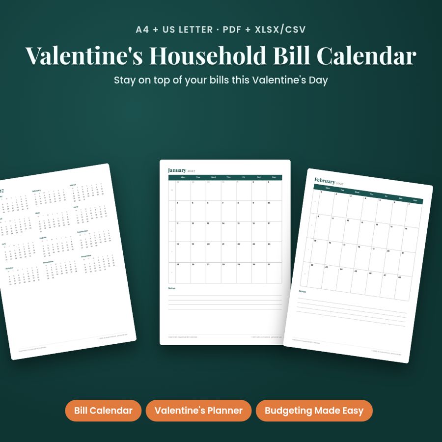 Valentine's Household Bill Calendar | Printable PDF + Excel Template