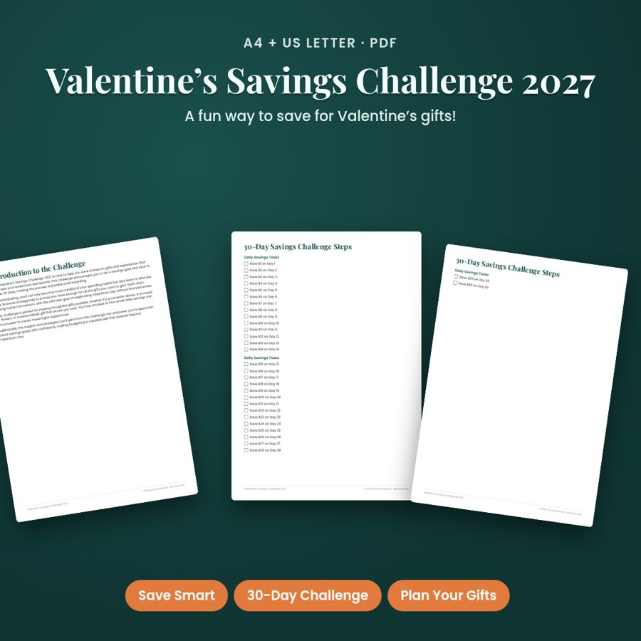 Valentine’s Savings Challenge 2027 | Printable PDF, A4 + US Letter