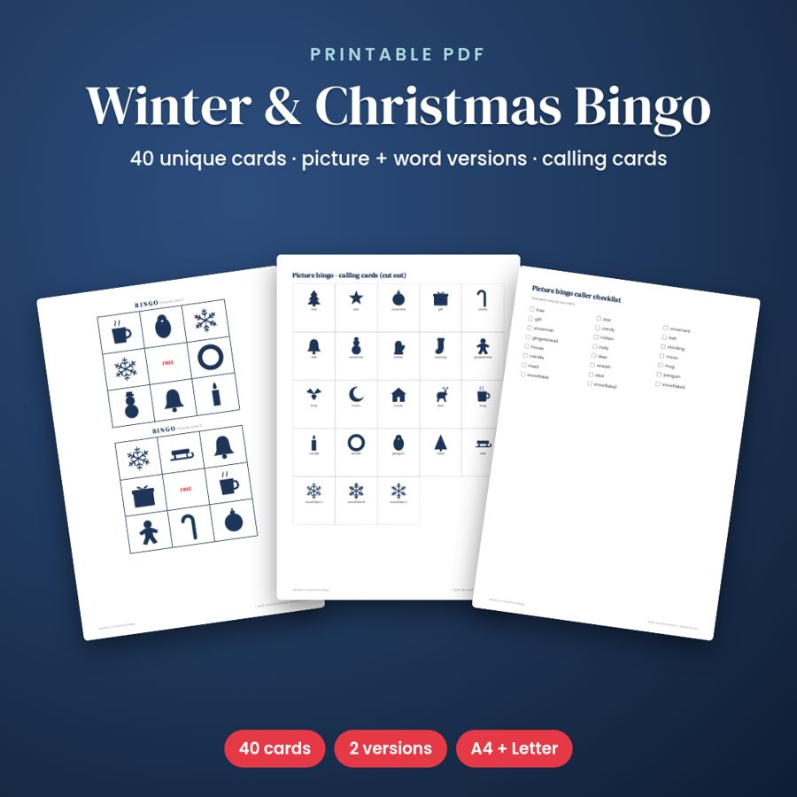 Winter & Christmas Bingo Printable Cards | 40 Unique Designs