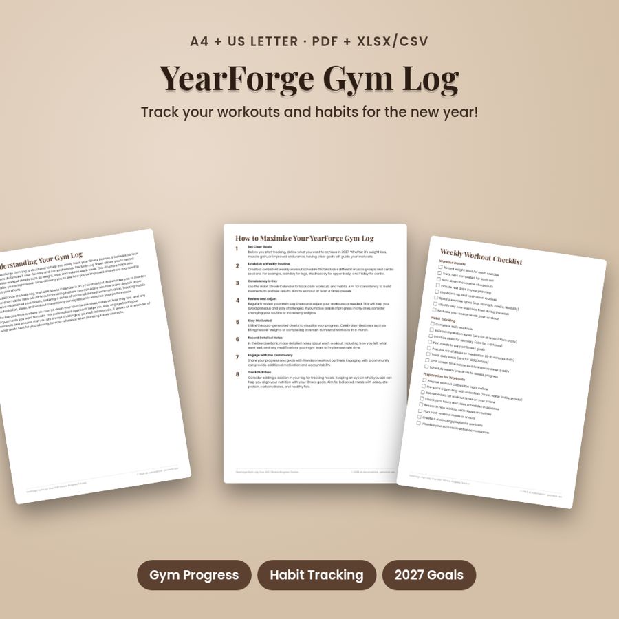 YearForge Gym Log: Your 2027 Fitness Progress Tracker | PDF + Excel